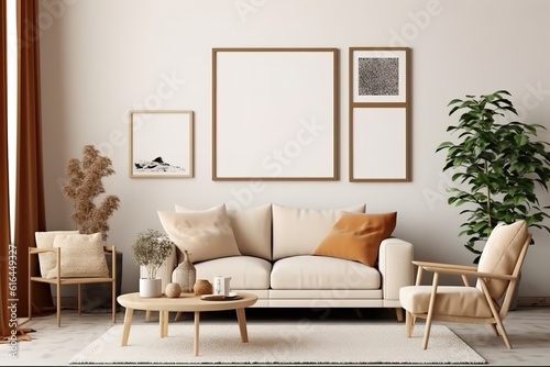 Stylish living room interior with comfortable green sofa,Generative AI © abstract Art
