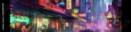 Futuristic cityscape  where neon lights paint the night with vibrant hues
