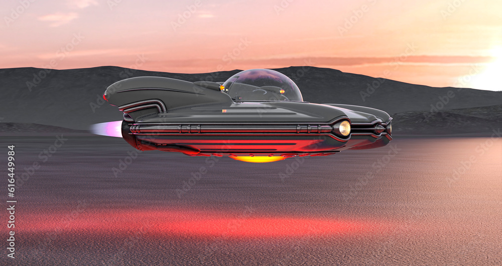 retro ufo spaceship is passing by on the desert side view in the afternoon