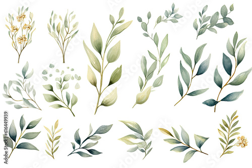 Watercolor Illustration of bouquet leaves. Generative AI. © TM