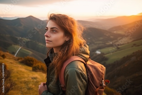 Hipster young girl with backpack enjoying sunset (Ai generated)