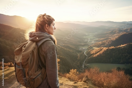 Hipster young girl with backpack enjoying sunset (Ai generated)
