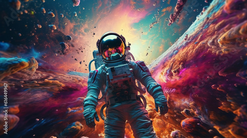 Stellar Kaleidoscope: Astronaut Enveloped in a Vivid Splash of Cosmic Colors, A Stunning Space-Themed Creation Generated by AI