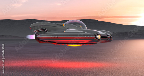 retro ufo spaceship is passing by on the desert side view in the afternoon