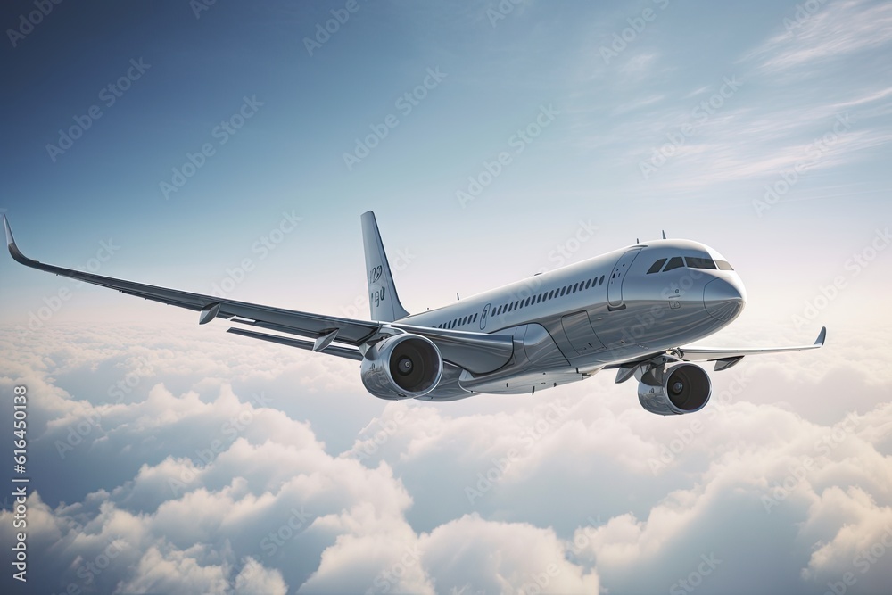 Obraz premium Airplane Flying in the Blue Sky. Travel and Transportation Concept with Copy Space