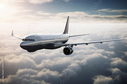 Airplane Flying in the Blue Sky. Travel and Transportation Concept with Copy Space