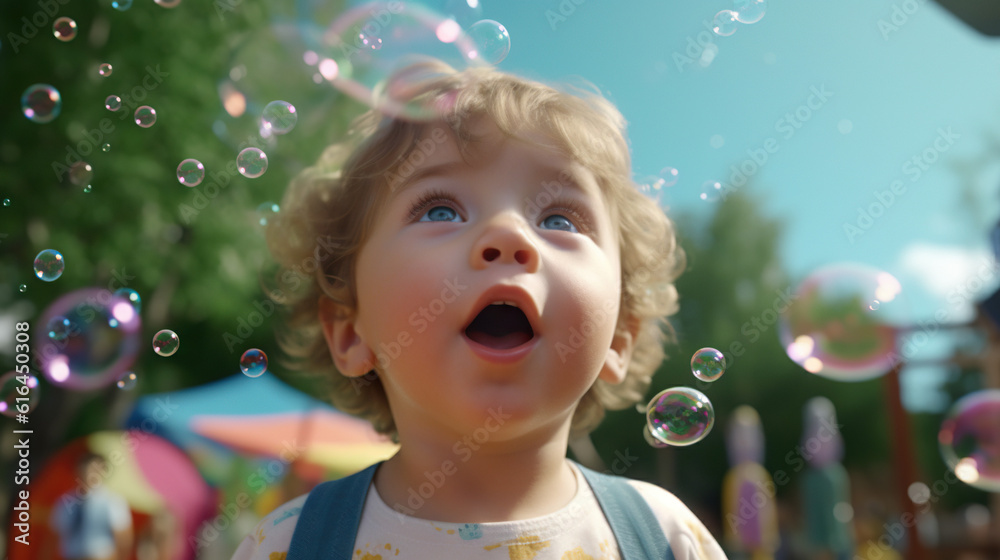 Young American Child Looking in Wonder at Bubbles in the Park Photo Young American Child Looking in Wonder at Bubbles in the Park Photo