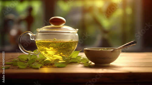 Cup of fresh green tea on wooden table