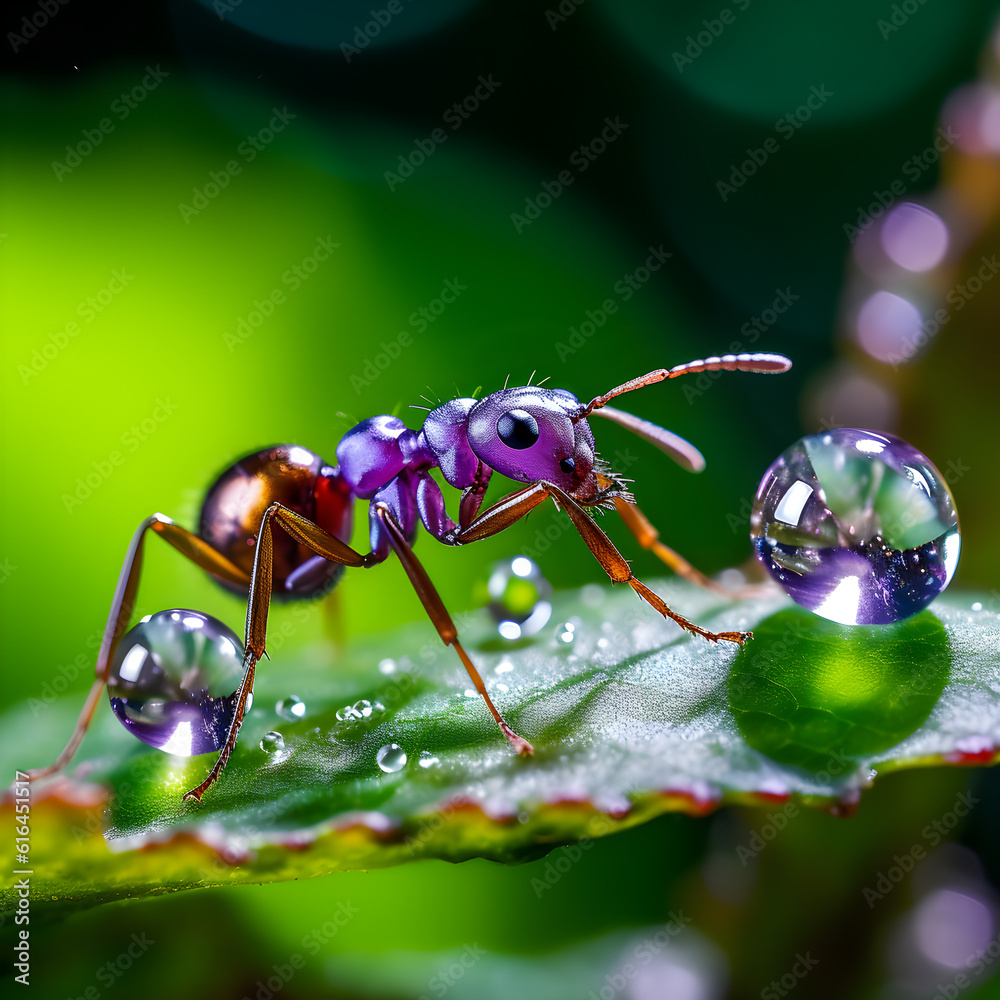 Fototapeta premium beautiful purple ant on leaf. AI generated