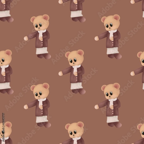 Seamless pattern with teddy bear illustration isolated on brown background.