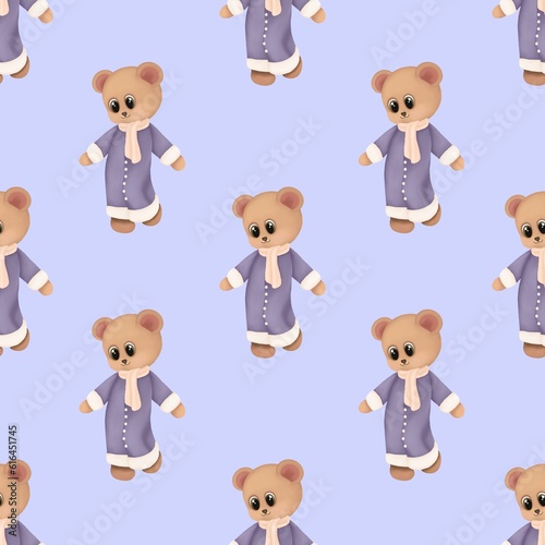 Seamless pattern with baby teddy bear. Hand drawn winter animal illustration isolated on pastel blue background.