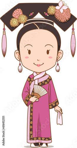 Cartoon character of Chinese girl in Qing dynasty costume.