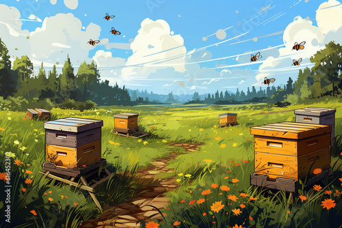 A small apiary with wooden beehives on a green meadow. Beekeeping.