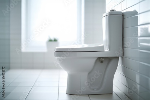 New ceramic toilet bowl near light wall, AI generated