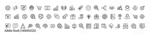 Digital marketing line icons vector set. advertising, business, ranking, shopping, seo, social media, data analytics, e-commerce, network, presentation, website, strategy, chart and other	