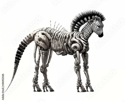 Biomechanical Zebra. Digital illustration. Generative AI. Isolated on white background. © eestingnef