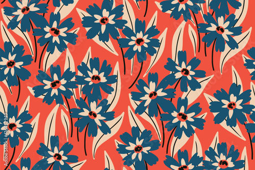 Seamless floral pattern  graphic ditsy print for creative retro style. Stylish design for textile  paper with wild meadow  small hand drawn flowers  leaves on a red background. Vector illustration.