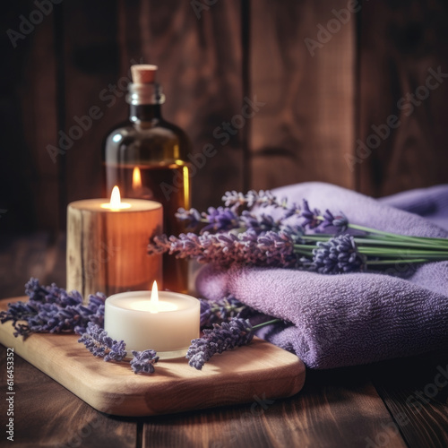 Spa still life with lavender oil.Lavande, produits cosmétiques naturels