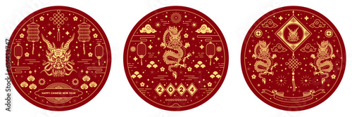 Happy chinese new year 2024 greeting card with gold design elements. Sticker concept for holiday decor, poster, banner. Isolated vector objects illustration line art style.