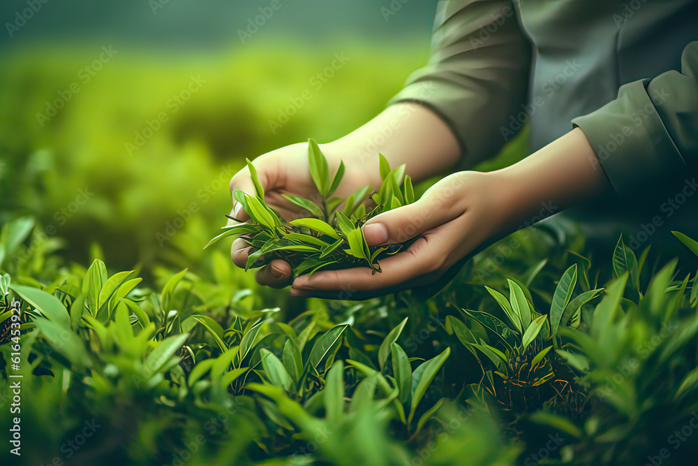 Workers in the tea garden are picking tea leaves. AI technology generated image
