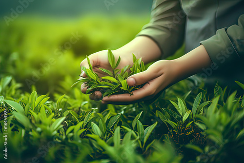 Obraz na płótnie Workers in the tea garden are picking tea leaves. AI technology generated image w salonie