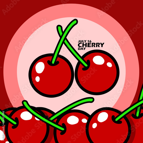 Fresh Cherry Fruits in circle frame and bold text on dark red background to celebrate National Cherry Day on July 16