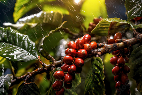 Fresh coffee beans on the tree. AI technology generated image