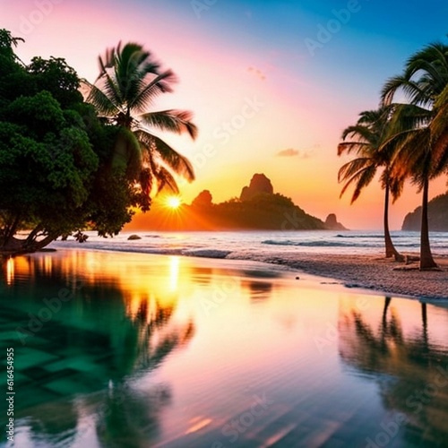 serene tropical landscape with crystal clear water and sand, palm trees swaying in the breeze, perfect paradise, seascape