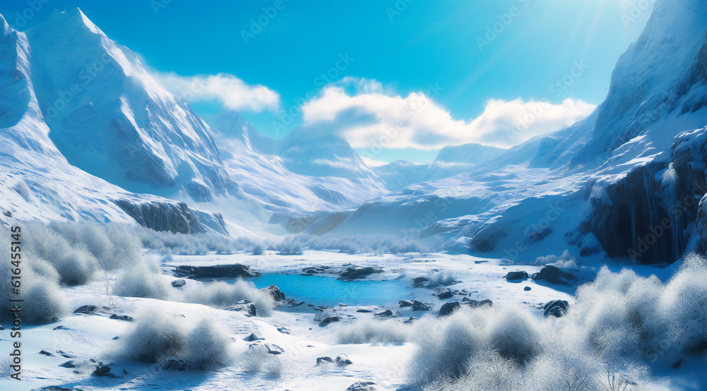 Fototapeta premium a white and snowy landscape with blue sky