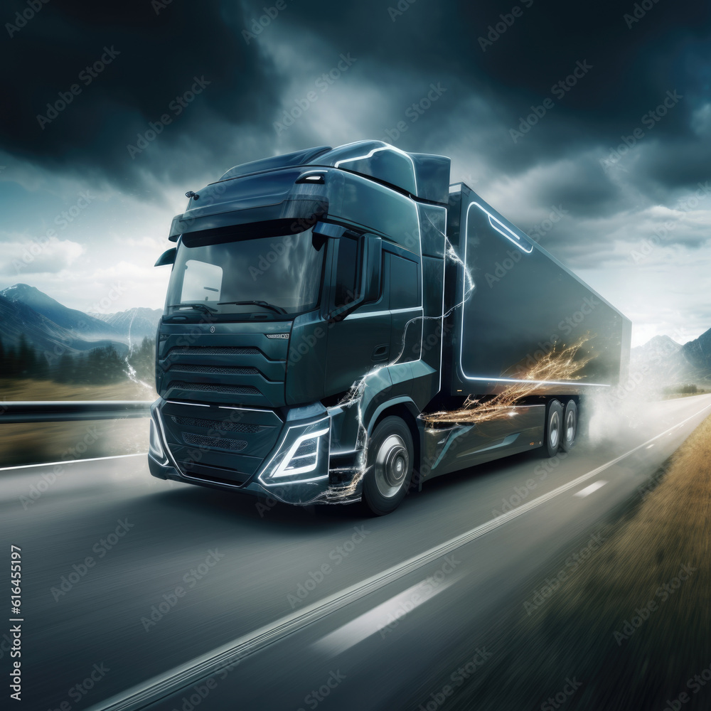 Electric truck on road and sky background