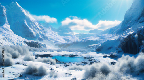 a white and snowy landscape with blue sky