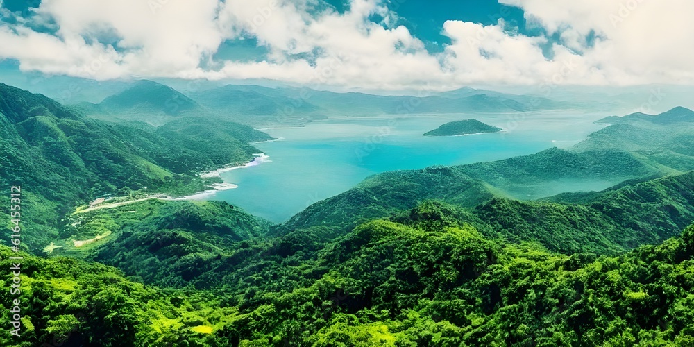 Naklejka premium Natural Scene of mountains and lake, illustration
