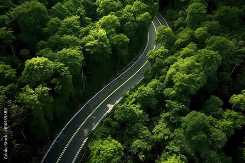 A bird's-eye view of the road in the forest. AI technology generated image