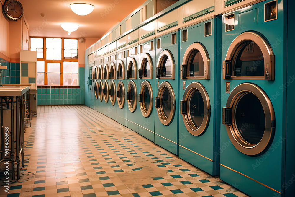 A row of washing machines in the laundry room. AI technology generated image A row of washing machines in the laundry room. AI technology generated image