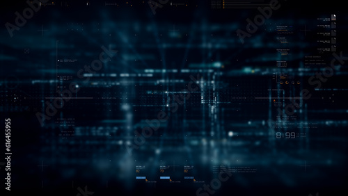 Advance data matrix, telemetry and encrypt numbers simulation user interface display in cyber space abstract de-focus environment background