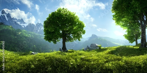  Trees on a green landscape, nature scenic illustration, ai