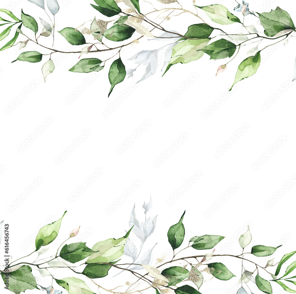 Watercolor painted greenery frame template. Bouquet with green, blue branches and leaves. Arrangement border