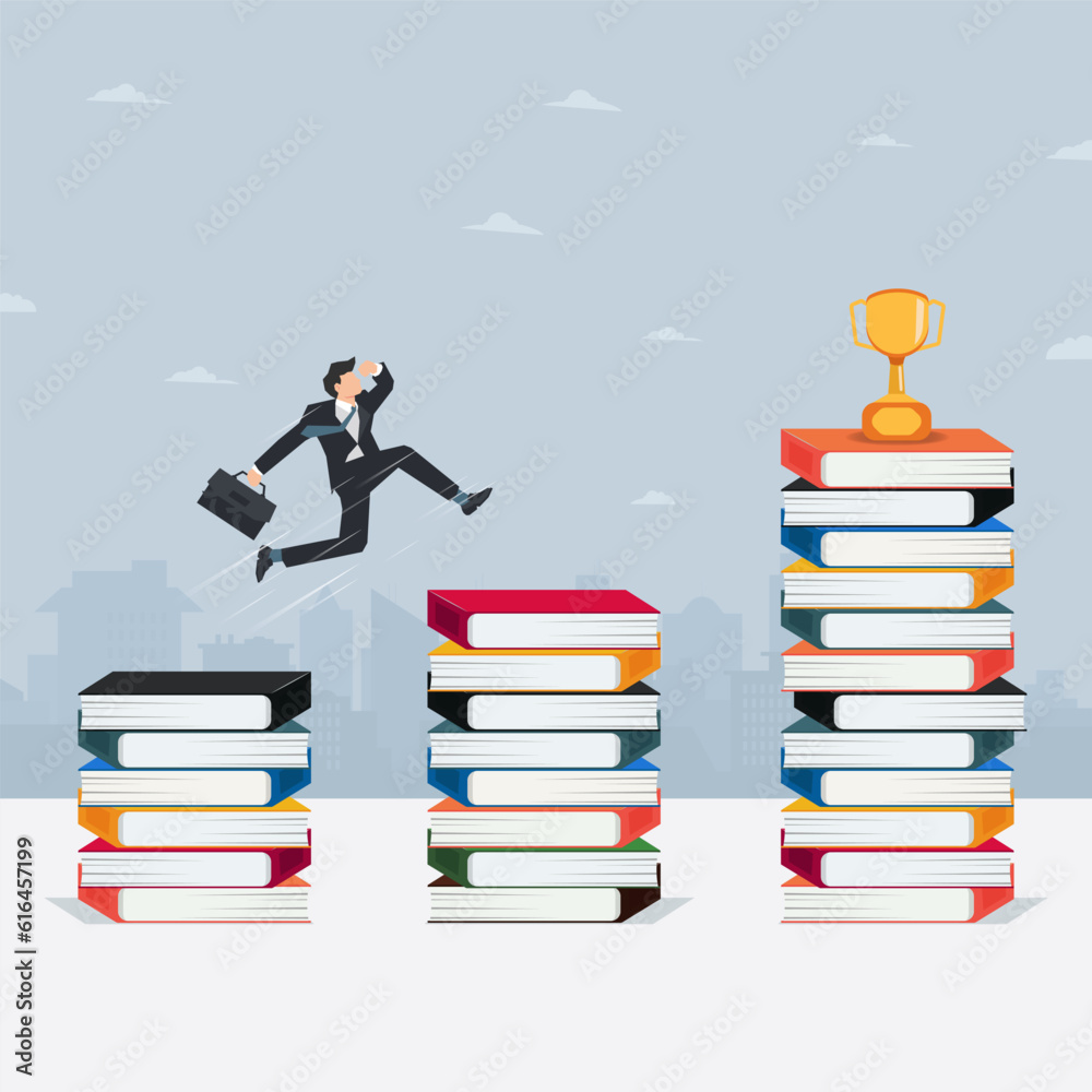 Businessman jumping on books stack and the trophy is on top of the last books stack vector Businessman jumping on books stack and the trophy is on top of the last books stack vector