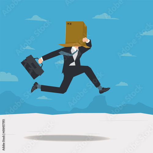 Businessman jumping with head hiding in cardboard design vector illustration