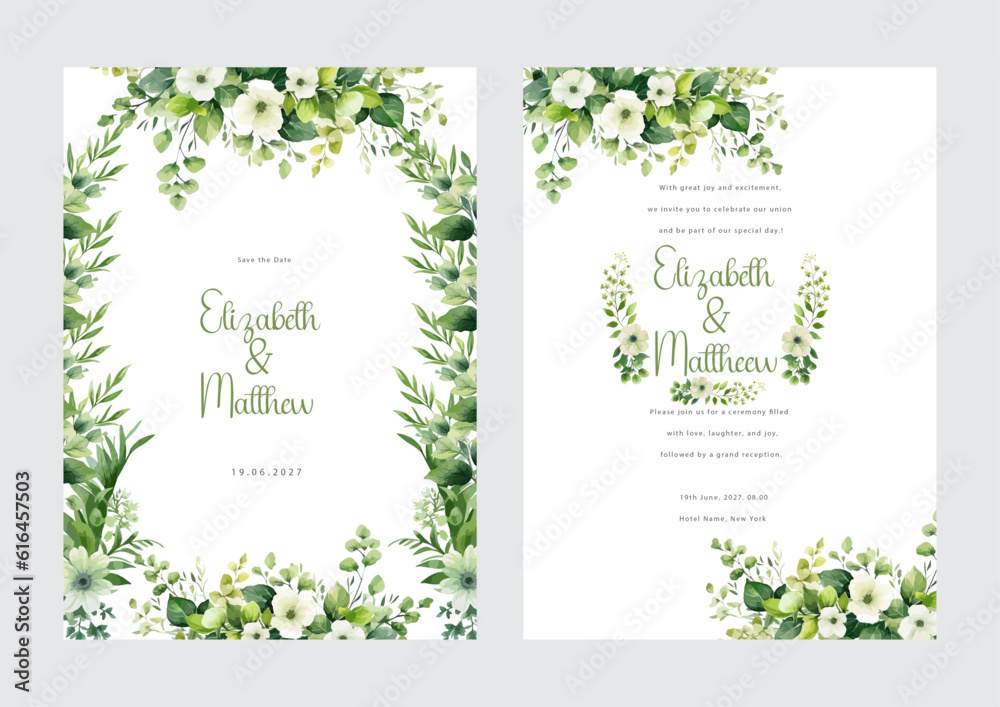 Set of fresh green leaf and white flower elegant watercolor flower wedding invitation design template