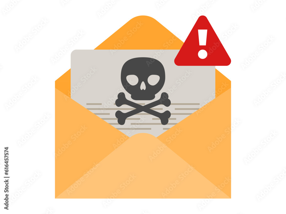 Virus, malware, email fraud, e-mail spam. Email envelope with document and skull and bones and red sign. Concept of virus, piracy, hacking and security. Virus, malware, email fraud, e-mail spam