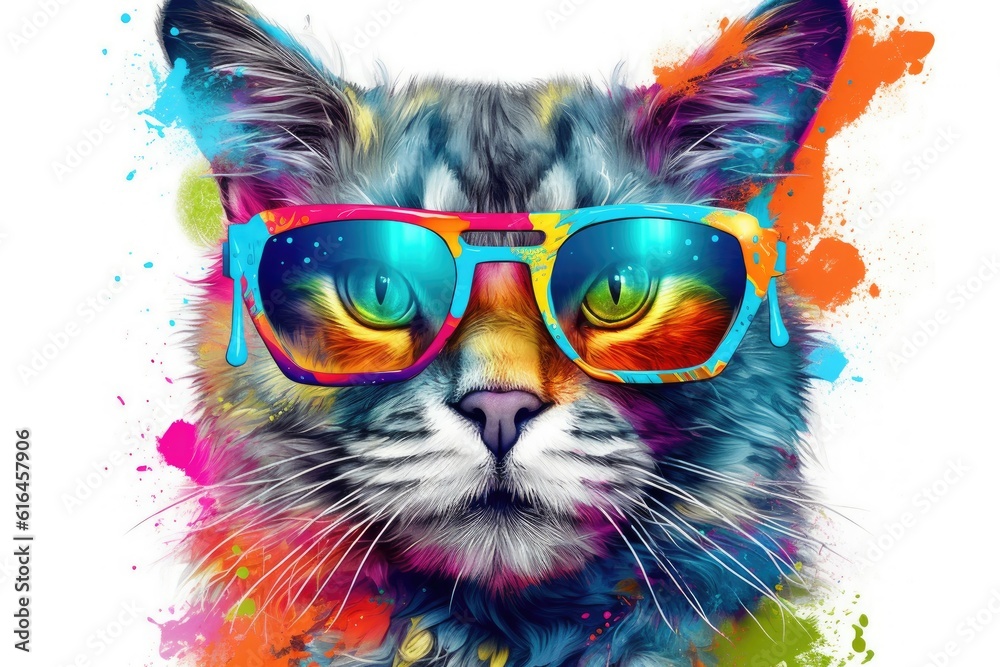 cat in funky glasses, white background, vibrant colors. generative ai