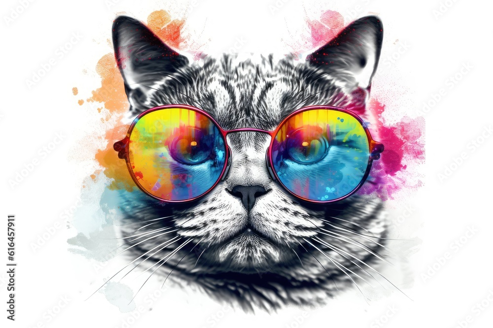 cat in funky glasses, white background, vibrant colors. generative ai
