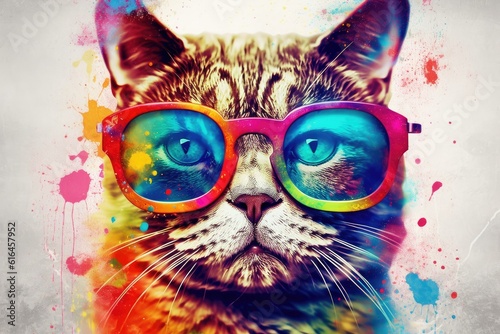 cat in funky glasses, white background, vibrant colors. generative ai © andrenascimento