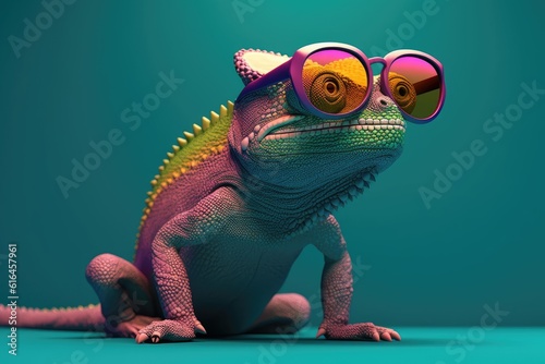 chameleon wearing sunglasses on a solid color background, vector art, digital art, faceted, minimal, abstract, panorama background. Generative AI. 