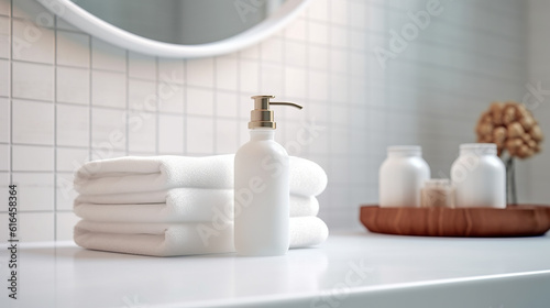 Toiletries Soap Towel Creams and Lotions. Light Elegant Modern Bathroom Interior with White Marble Tabletop Generative AI