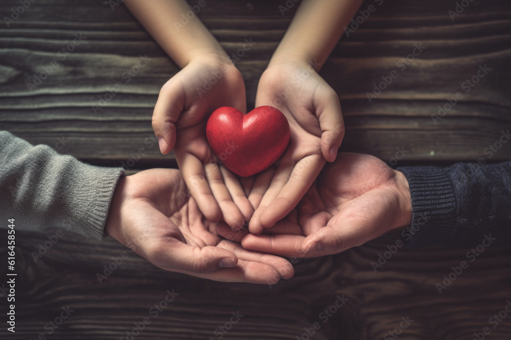 Family holding small red heart in hands on wooden background. Healthcare and hospital medical concept. Symbolic of Valentine day.Top view. Generative AI Family holding small red heart in hands on wooden background. Healthcare and hospital medical concept. Symbolic of Valentine day.Top view. Generative AI