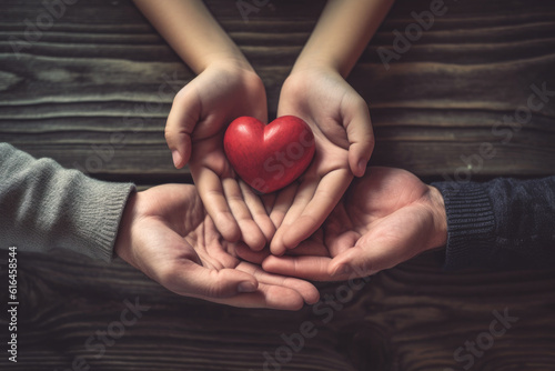 Family holding small red heart in hands on wooden background. Healthcare and hospital medical concept. Symbolic of Valentine day.Top view. Generative AI