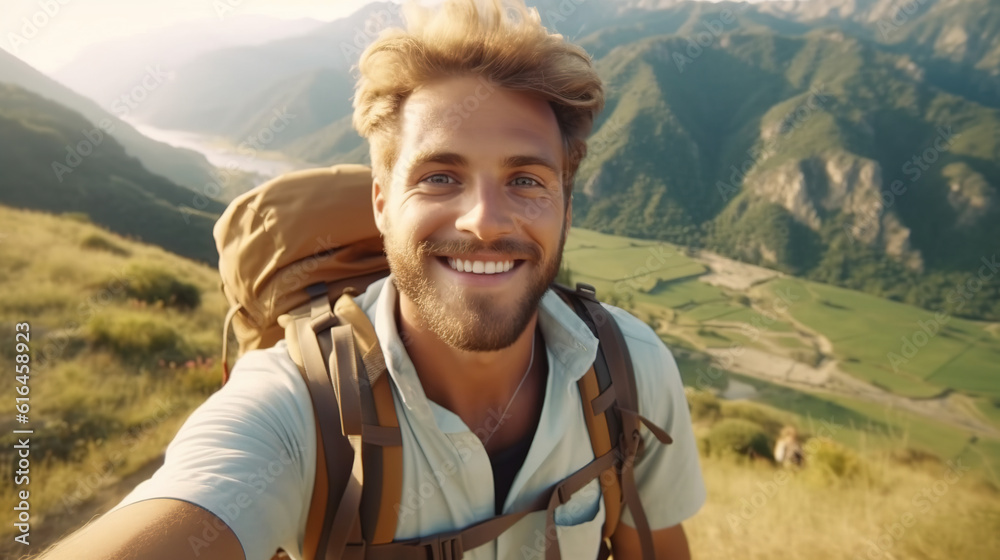 Portrait of handsome man on nature background Handsome male traveler taking selfie on hills with mountains Happy and smiling hiker taking a selfie on the top of the mountain. Generative AI