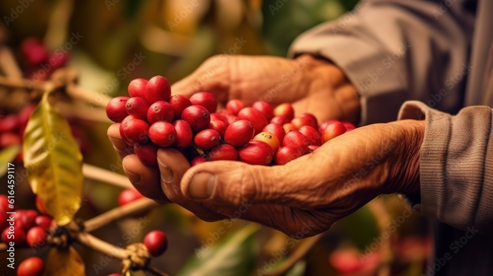 Arabica coffee berries, farmer's hand harvesting ripe coffee beans harvested from the garden, close-up of arabica coffee farmer's hands harvesting ripe coffee beans of his farm crops Generative Ai Arabica coffee berries, farmer's hand harvesting ripe coffee beans harvested from the garden, close-up of arabica coffee farmer's hands harvesting ripe coffee beans of his farm crops Generative Ai